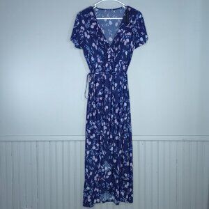 C-Mode Floral Print Navy Midi Wrap Dress Coquette Cottagecore